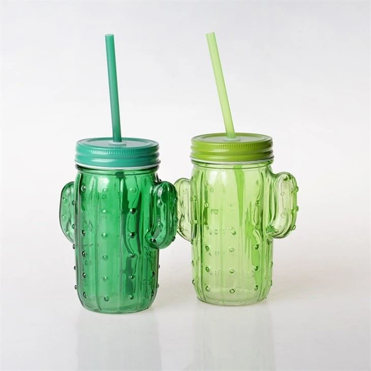 Glass Cactus Shaped Jar With Straw