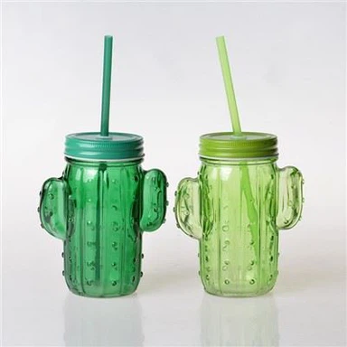 Glass Cactus Jar with Straw