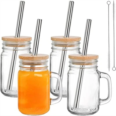 Glass Mason Jar Cups With Bamboo Lid And Straw