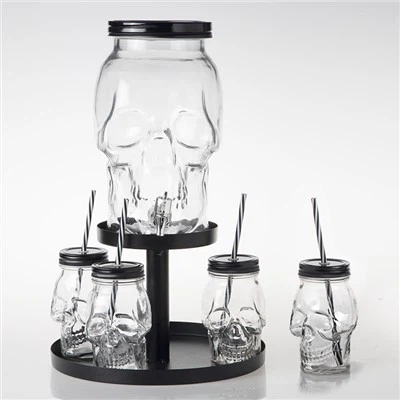 Glass Skull Beverage Dispenser With Mason Jar