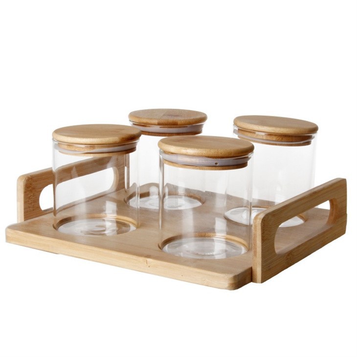 4-Piece Round Glass Storage With Wood Tray high quality