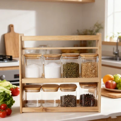 8pcs Square Glass Jars With Wooden Handled Rack
