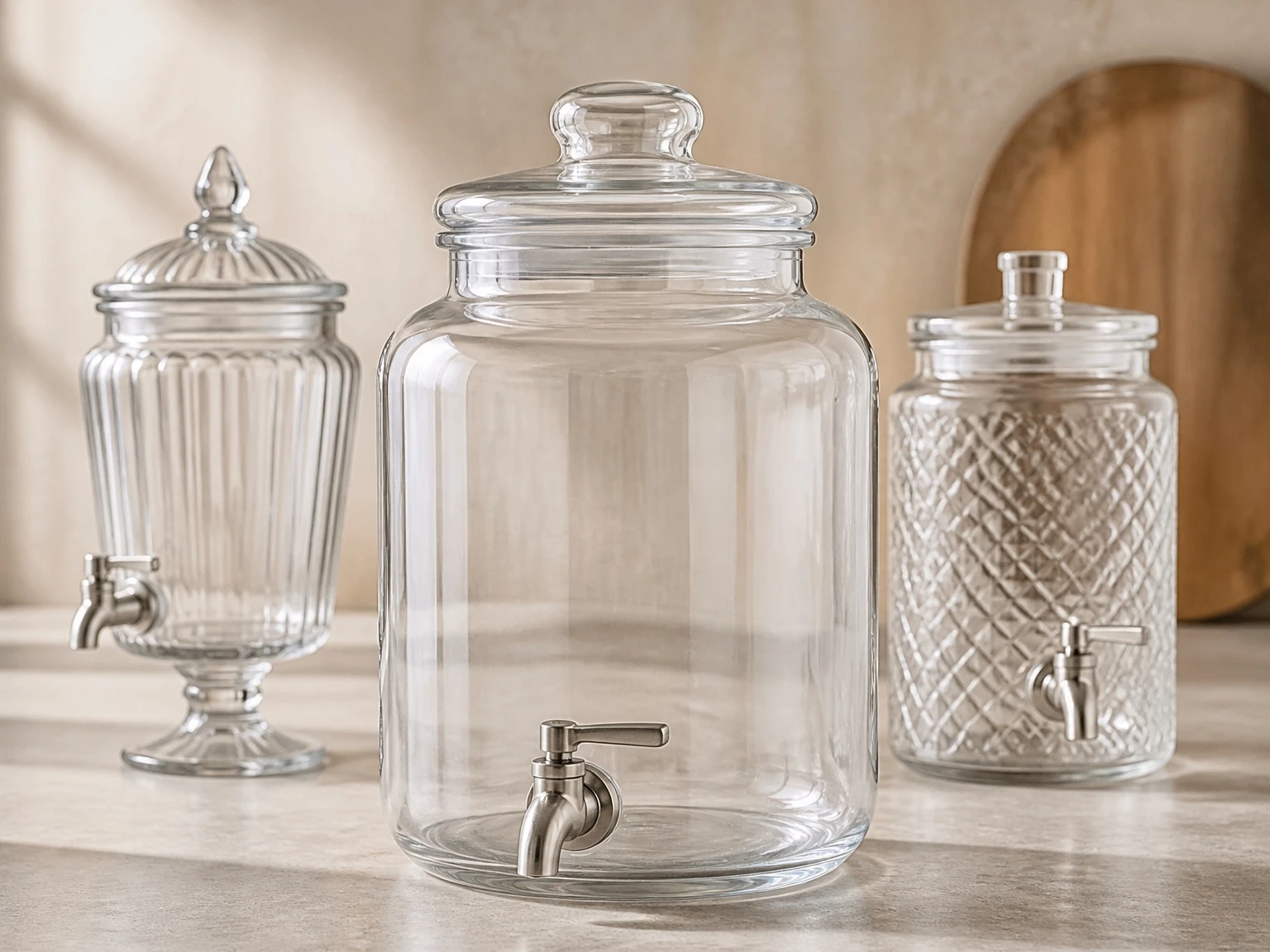 Custom glass beverage dispensers with spigot for buffet and events Custom glass beverage dispensers with spigot for buffet and events