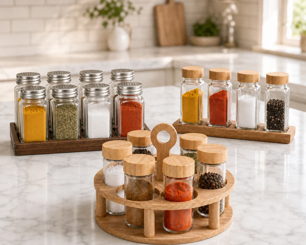 Glass spice jars with shaker lids and printed label sets in round, square, and test tube formats Glass spice jars with shaker lids and printed label sets in round, square, and test tube formats
