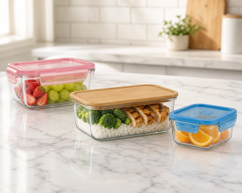 Glass lunch boxes with one to three compartments, bamboo lids, and silicone seals for meal prep Glass lunch boxes with one to three compartments, bamboo lids, and silicone seals for meal prep