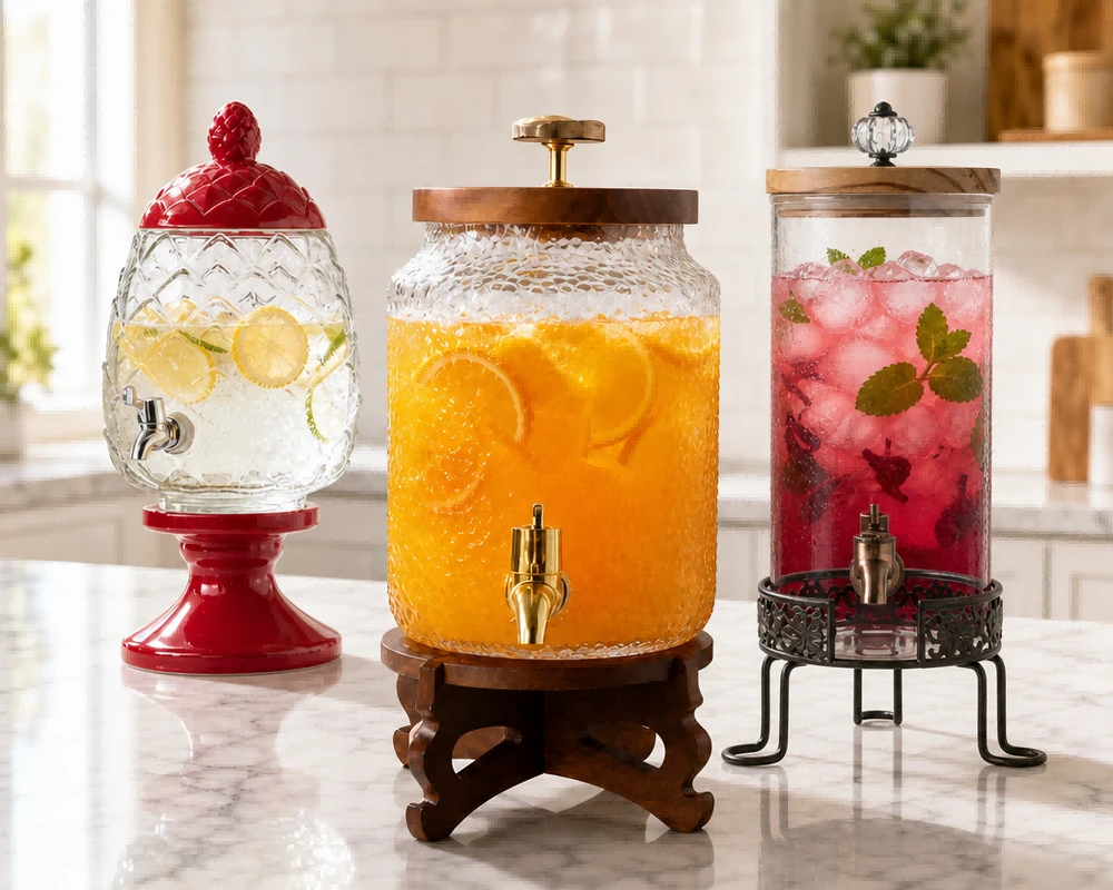 Glass beverage dispensers from 3 to 10 L with stainless and brass tone spigots on matched wooden base stands Glass beverage dispensers from 3 to 10 L with stainless and brass tone spigots on matched wooden base stands