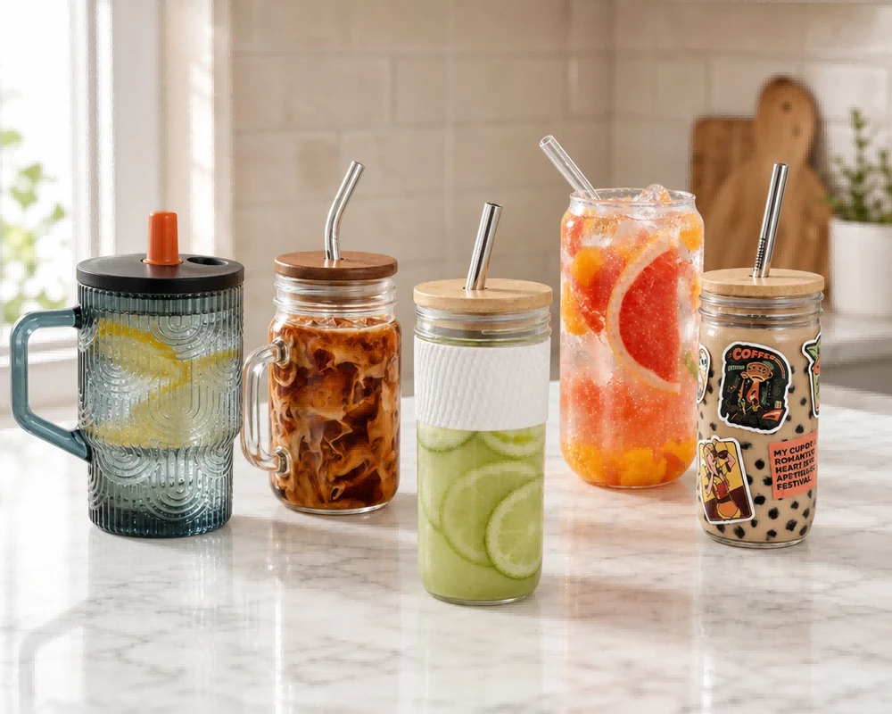 Straight wall glass tumblers from 8 to 16 oz with weighted bases, patterned bodies, and printed logo bands Straight wall glass tumblers from 8 to 16 oz with weighted bases, patterned bodies, and printed logo bands