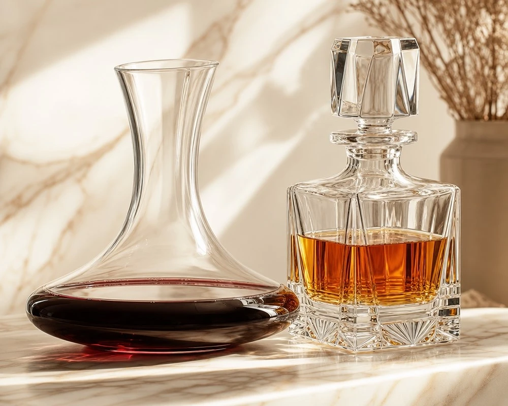 Lead free crystal whiskey decanters with ground glass stoppers and weighted hand blown bases Lead free crystal whiskey decanters with ground glass stoppers and weighted hand blown bases