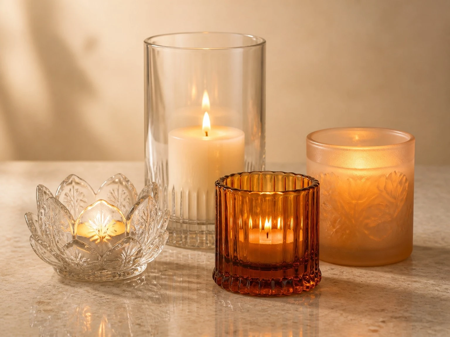 Votive, hurricane, and taper candle holders in clear, frosted, and gold rim finishes Votive, hurricane, and taper candle holders in clear, frosted, and gold rim finishes