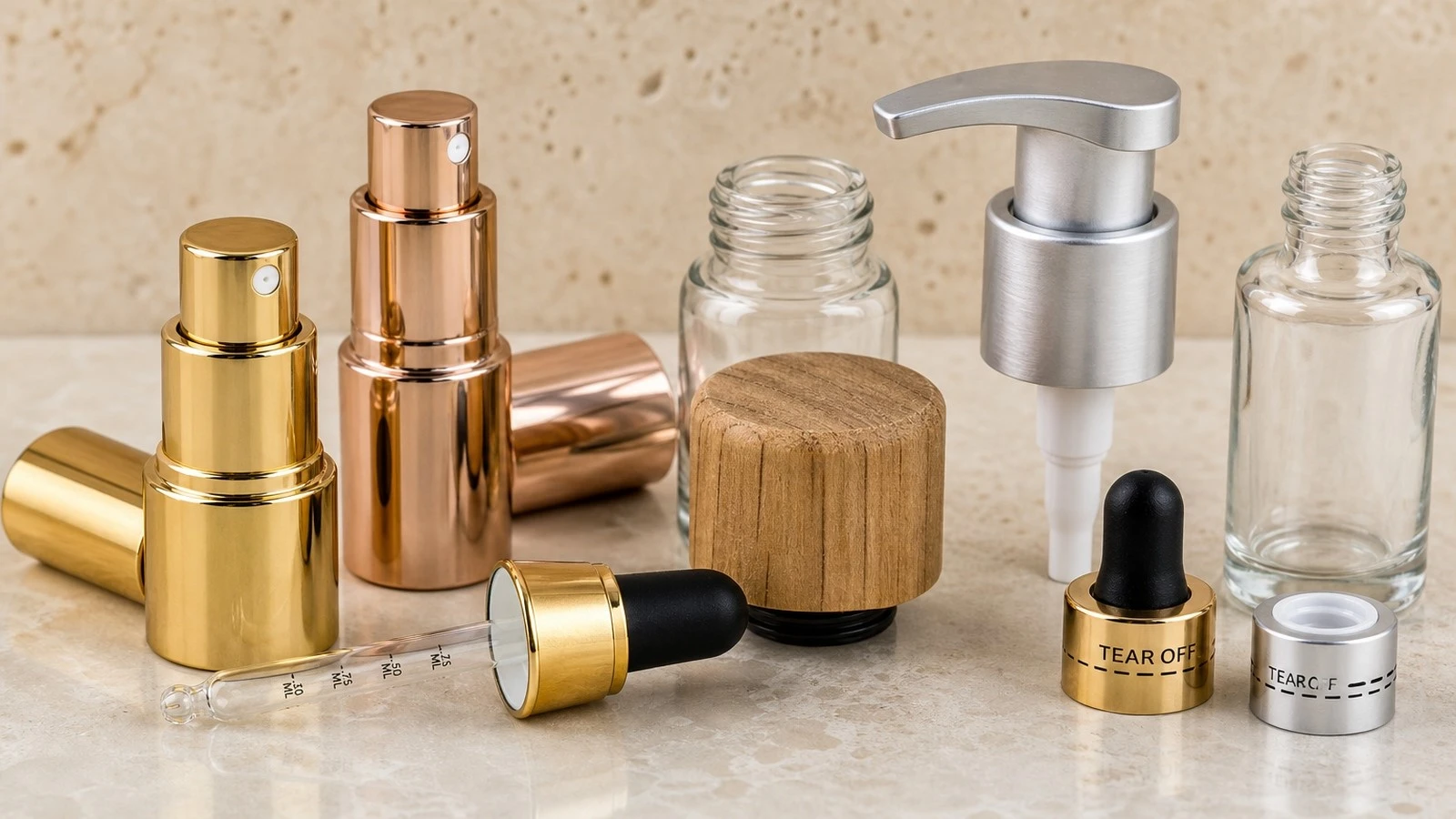 Custom closures and accessories for perfume and cosmetic packaging Custom closures and accessories for perfume and cosmetic packaging