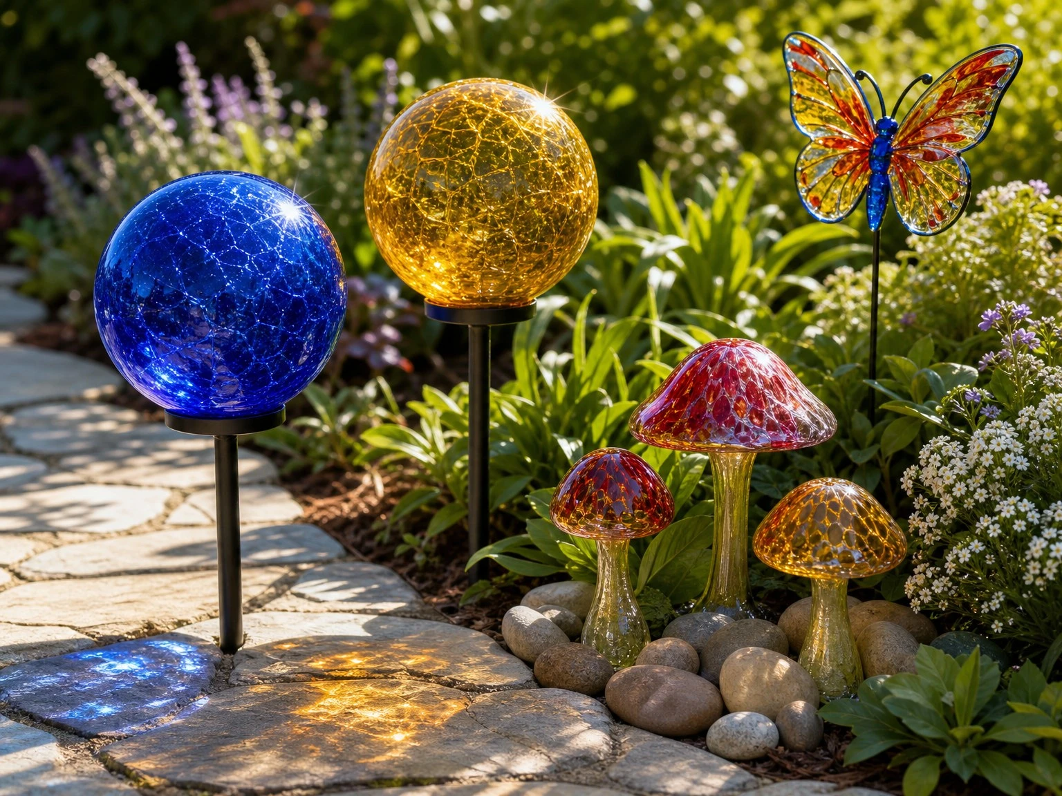 Colored and frosted glass garden ornaments on stakes for beds and borders Colored and frosted glass garden ornaments on stakes for beds and borders