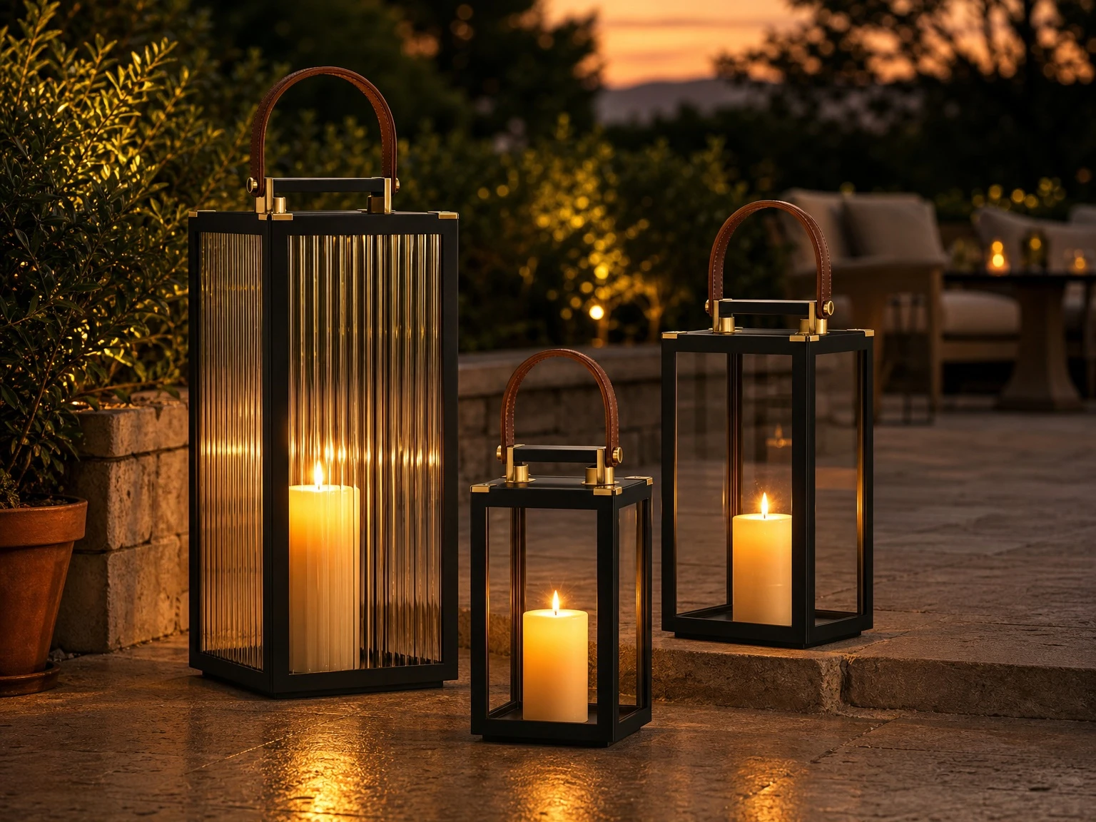 Candle lanterns with metal frames and hanging hooks for patio and pathway Candle lanterns with metal frames and hanging hooks for patio and pathway