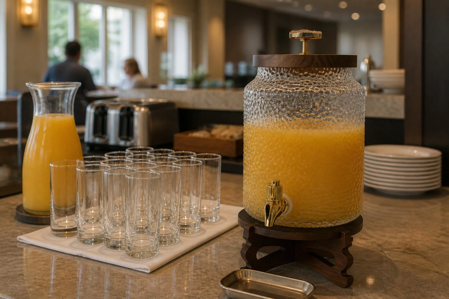 Self serve beverage dispenser station on a hotel breakfast buffet line Self serve beverage dispenser station on a hotel breakfast buffet line