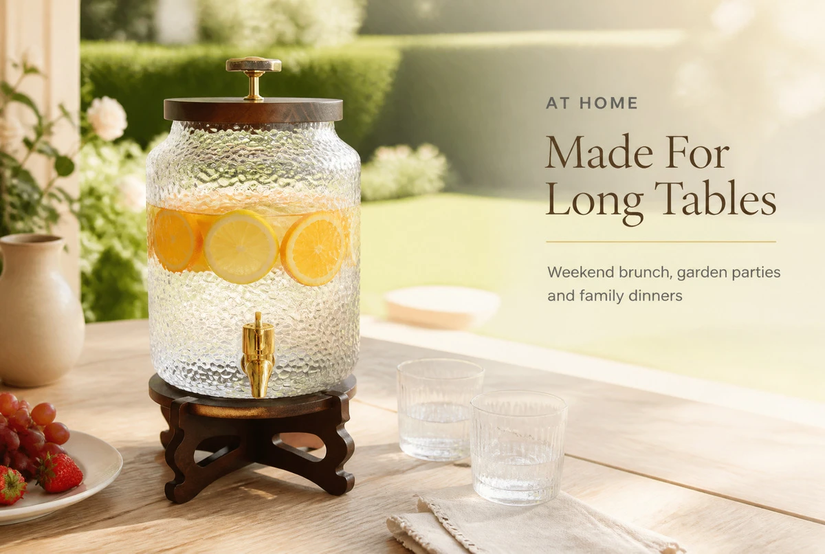 2.5L hammered glass beverage dispenser on a dark wood X-frame stand with metal spigot and stained wood lid 2.5L hammered glass beverage dispenser on a dark wood X-frame stand with metal spigot and stained wood lid