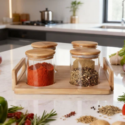 4-Piece Round Glass Storage With Wood Tray