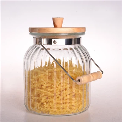 Glass storage jar with airtight bamboo lid and metal handle