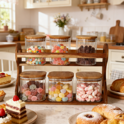 Hexagon-Set High Borosilicate Glass Storage Jars With Wooden Lids & Base